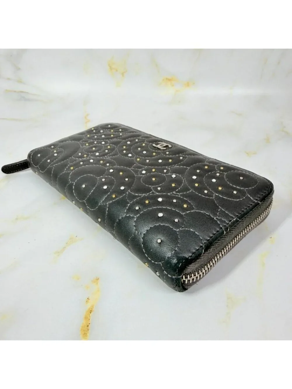 Chanel Camellia Studded Zip Around Wallet